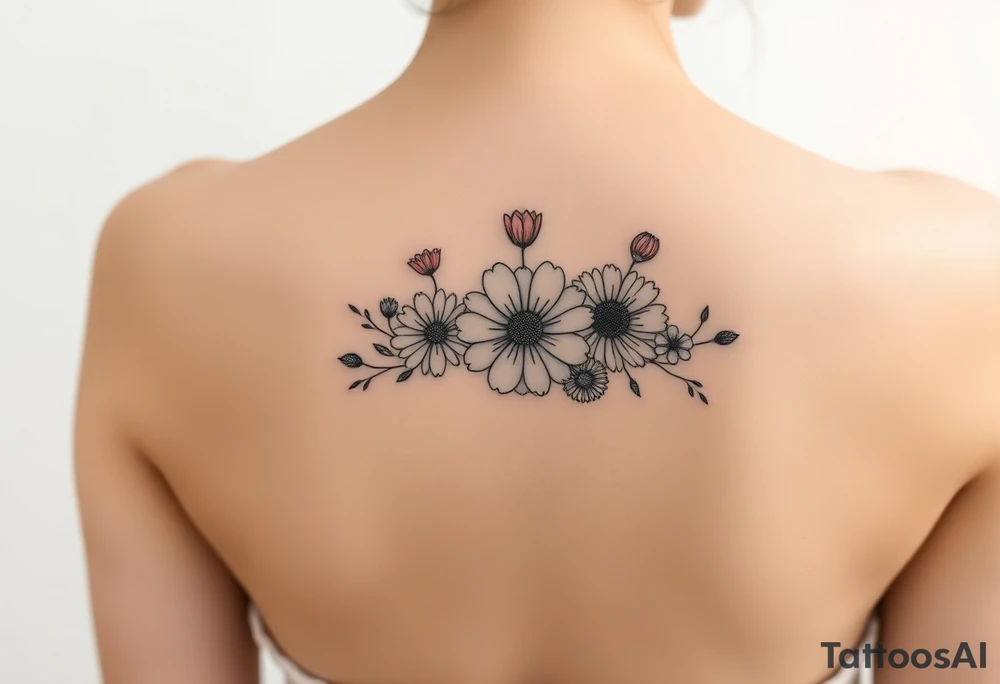Small flower bouquet with order of flowers, daisy, cosmo, poppy, chrysanthemum, cosmo tattoo idea