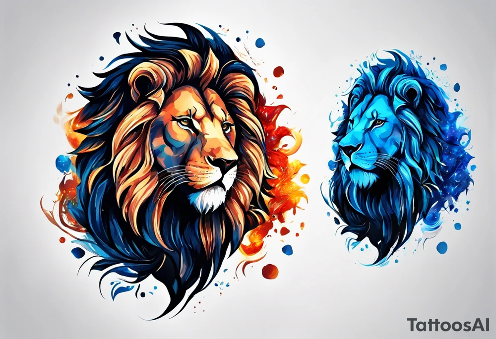 I Want zodiac leo/lion for upper arm and bicep. With blue and fire in it. I want the lion to be eating all its strengths and weaknesses labeled in black color tattoo idea