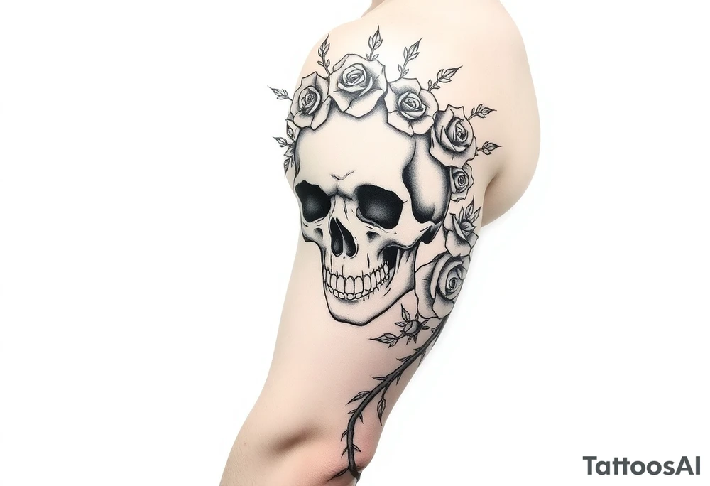 ornate skull adorned with crown of wild roses and thorns tattoo idea