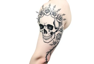 ornate skull adorned with crown of wild roses and thorns tattoo idea