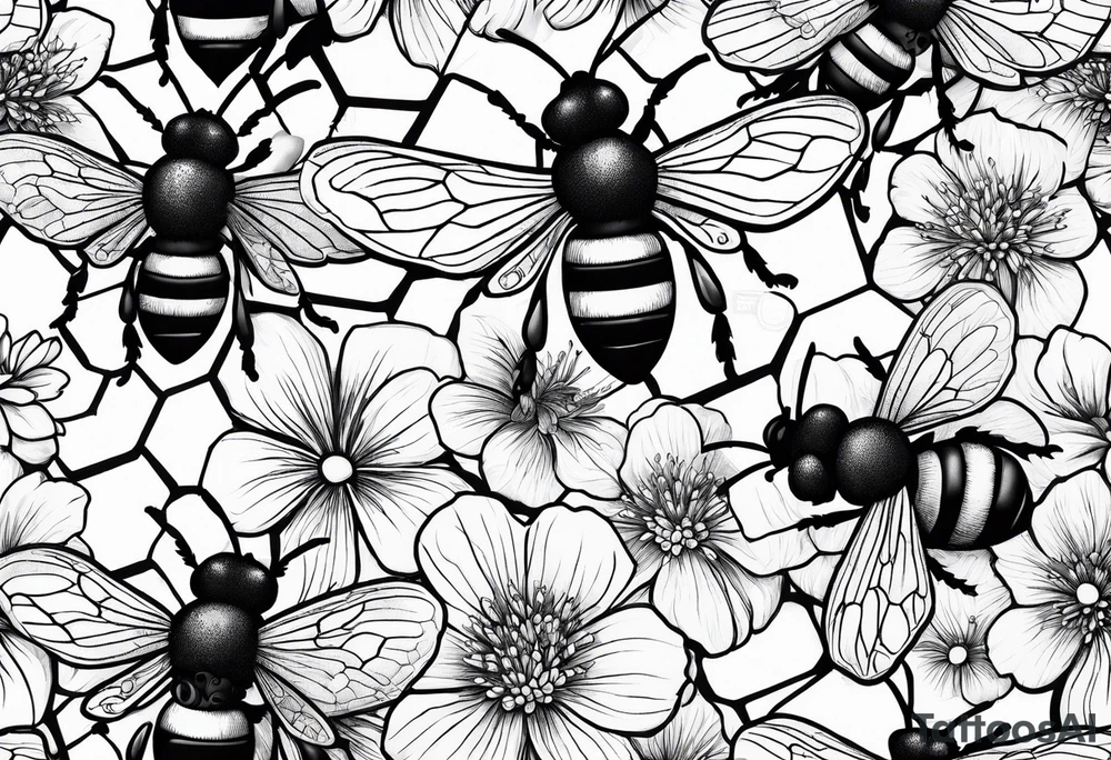 honeycomb, flowers, bumble bees tattoo idea