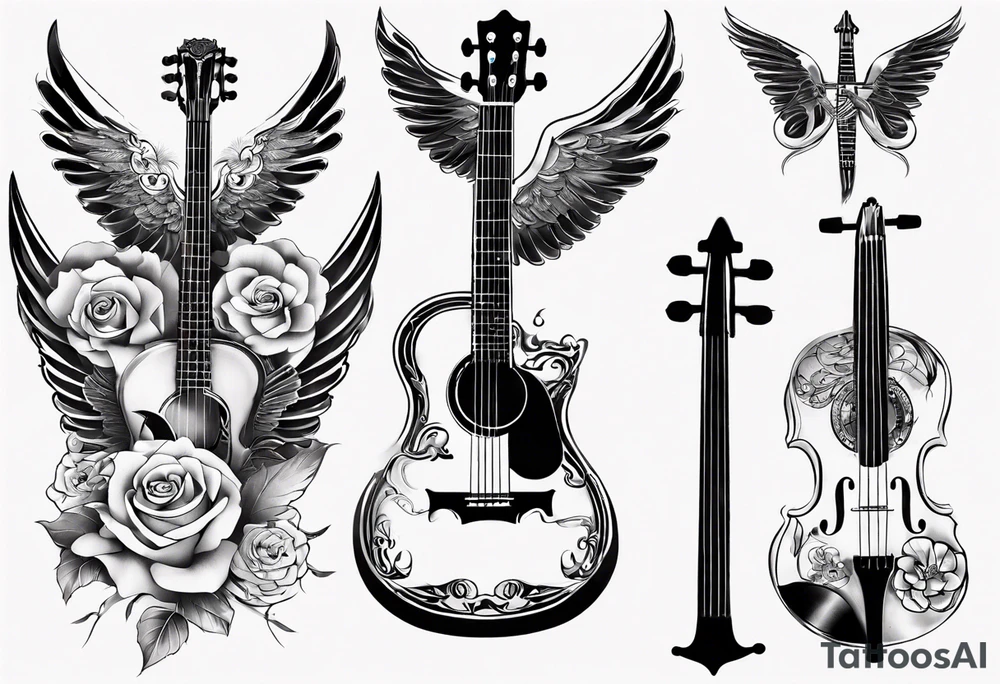 CROSSEED ACOUSTIC GUITAR AND VIOLIN WITH WINGS tattoo idea