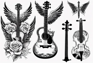 CROSSEED ACOUSTIC GUITAR AND VIOLIN WITH WINGS tattoo idea
