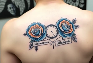 2 Blue and orange roses with a clock on the thigh with name plates saying Christopher Prince and McKiyah tattoo idea