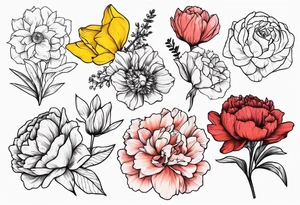 8 flowers bouquet carnation daffodil rose peony daphnee dahlia desiree daisy tattoo idea