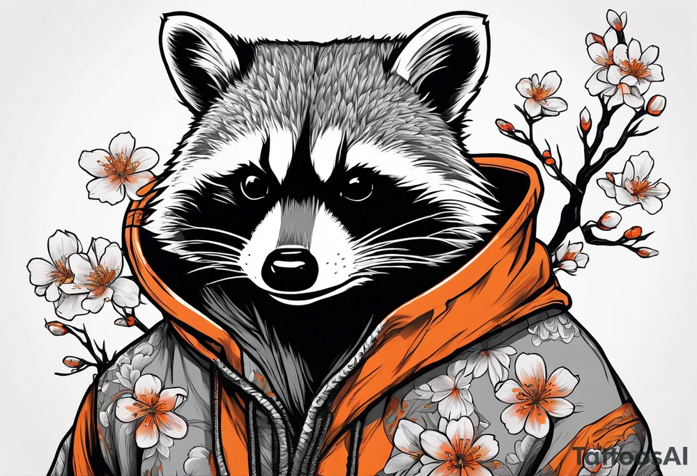 raccoon wearing a Superman hoodie with orange Japanese cherry blossoms tattoo idea