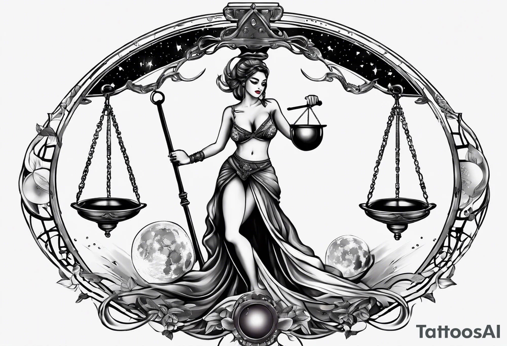 Beautiful woman blindfolded holding the libra scales, in the background is the libra constellation with a halfmoon surrounding half of the woman. The scales hang from the bottom of the half moon. Vibrant colors intensify the picture tattoo idea
