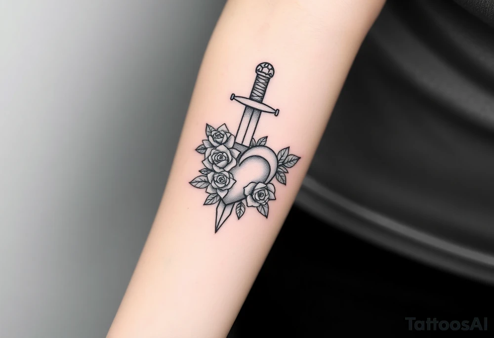 dagger piercing a heart with roses tattoo idea