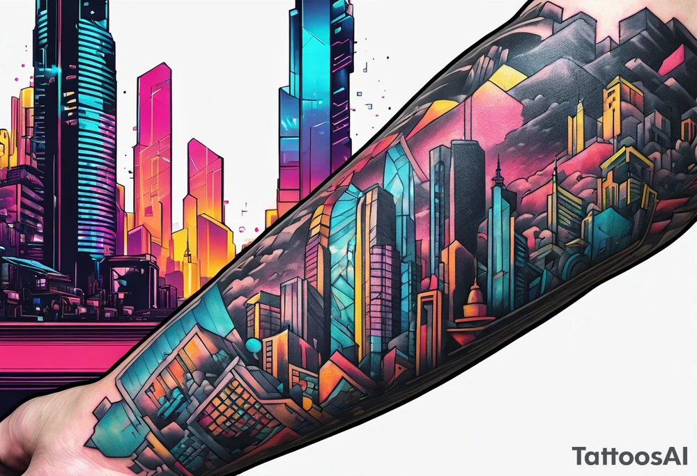 cyberpunk 2077, forearm tattoo, geometric, subtle, men, city skyline tattoo idea