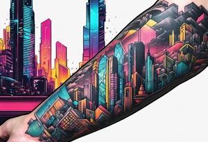cyberpunk 2077, forearm tattoo, geometric, subtle, men, city skyline tattoo idea
