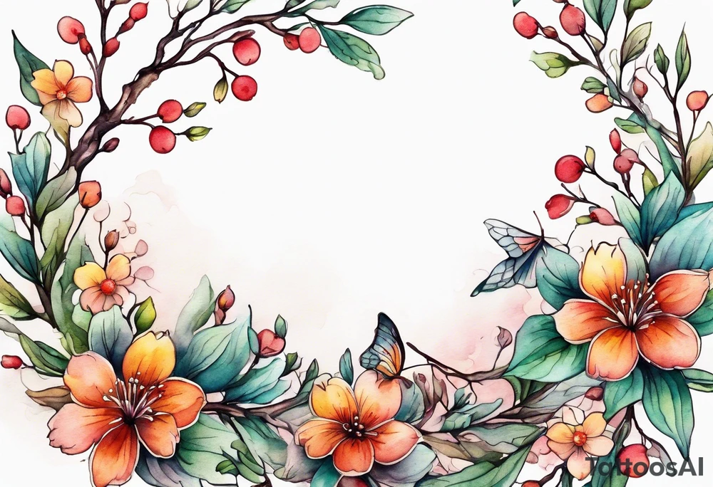 Winding branches and leaves and tiny flowers with a small moth tattoo idea