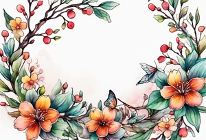 Winding branches and leaves and tiny flowers with a small moth tattoo idea