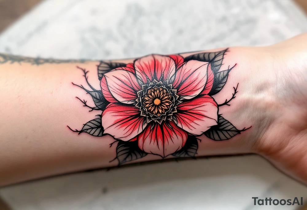 red  and black rhododendron trippy with mandala behind tattoo idea