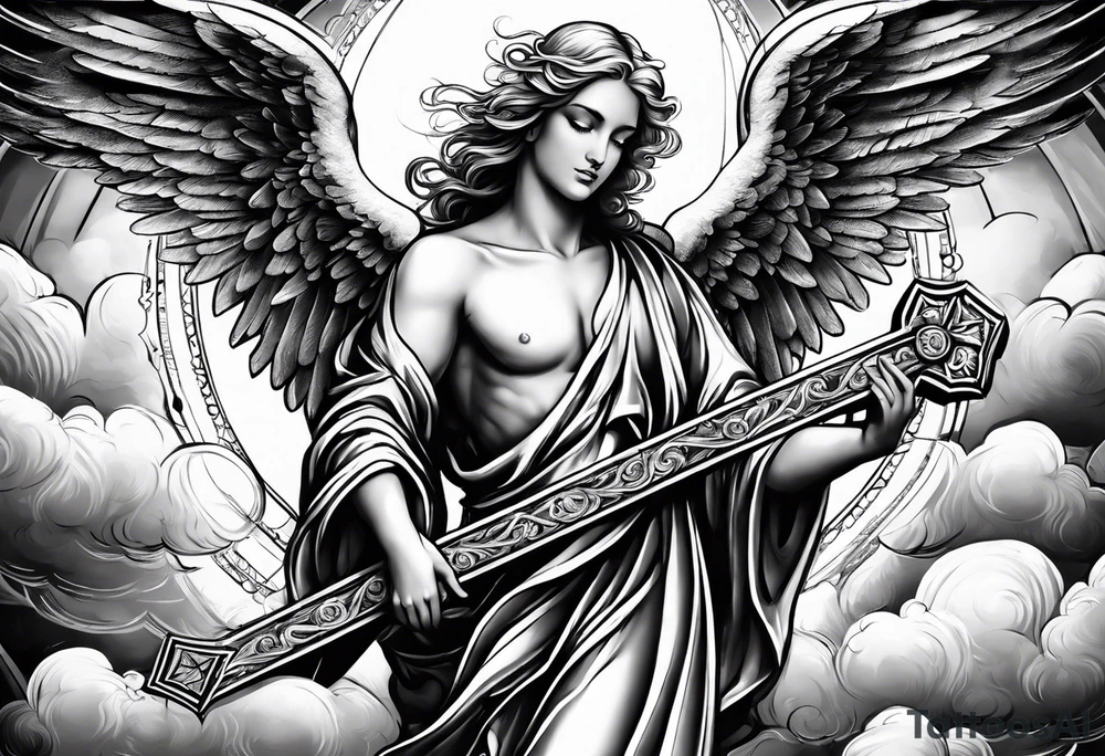 Angelic Angel holding cross in clouds tattoo idea