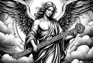 Angelic Angel holding cross in clouds tattoo idea