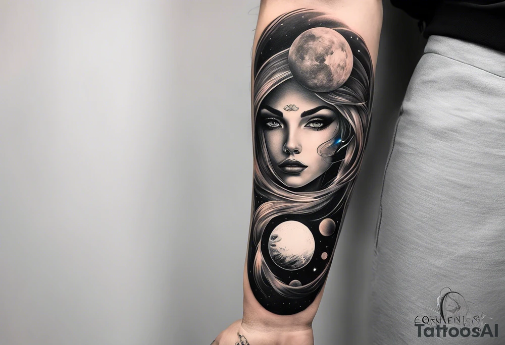 A surrealistic forarm sleeve tattoo featuring beautiful woman’s face with glowing eyes holding a planet in her hand. Above her head is a man being lifted up into a black hole tattoo idea