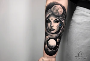 A surrealistic forarm sleeve tattoo featuring beautiful woman’s face with glowing eyes holding a planet in her hand. Above her head is a man being lifted up into a black hole tattoo idea
