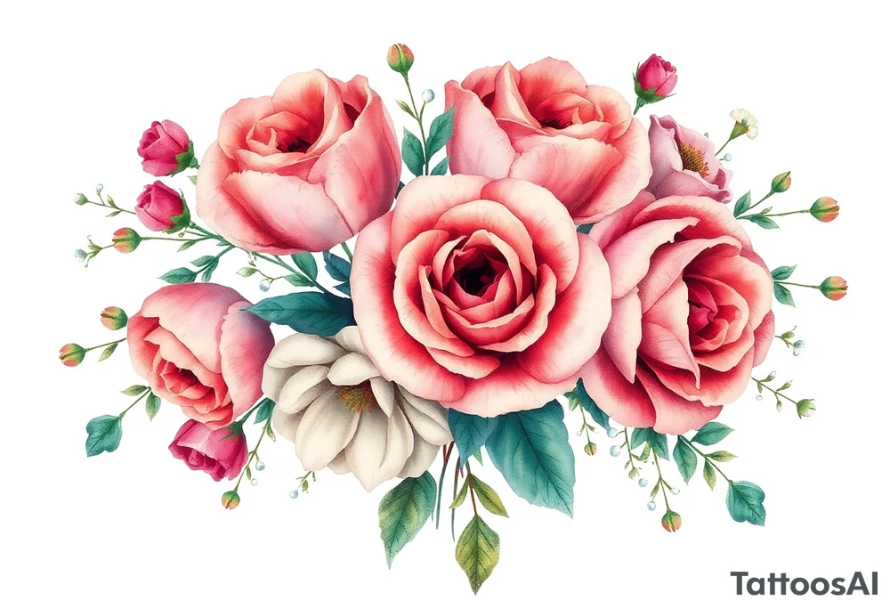 vintage bouquet of wild roses and meadow flowers with morning dew tattoo idea