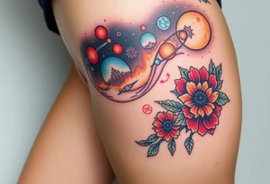 Milky way galaxy .. planets with zodiac symbols and protection runes with red roses and sunflowers tattoo idea