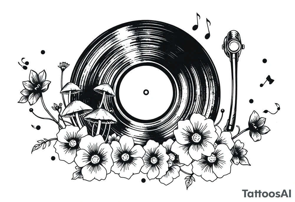 modern vinyl record player with mushrooms, flowers, and music notes around it tattoo idea
