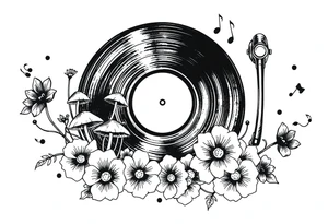 modern vinyl record player with mushrooms, flowers, and music notes around it tattoo idea