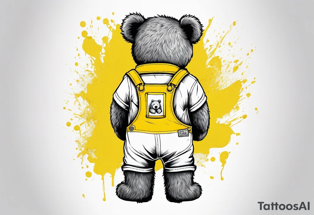 the back of a standing teddy bear in yellow overalls tattoo idea