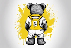 the back of a standing teddy bear in yellow overalls tattoo idea