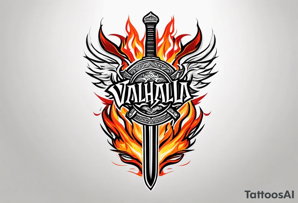 Valhalla on  fire shield sword tattoo idea