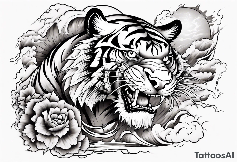 Tiger with lightning and the sun in the background for a sleeve tattoo tattoo idea