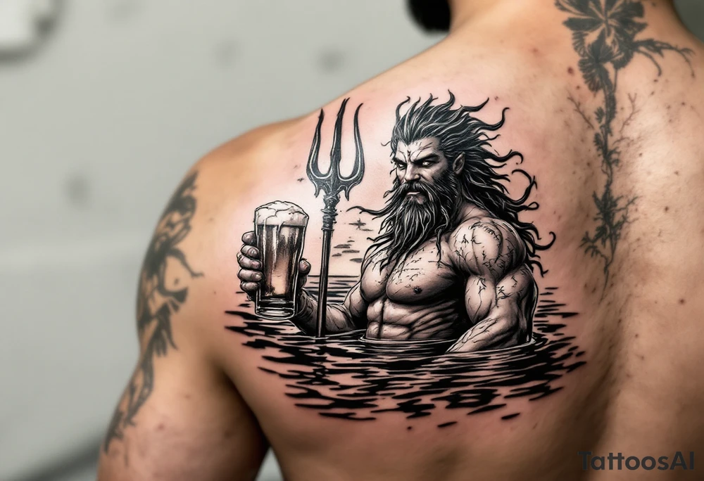 young, happy, fit poseidon in calm water, holding a trident, drinking a beer, with sunset tattoo idea