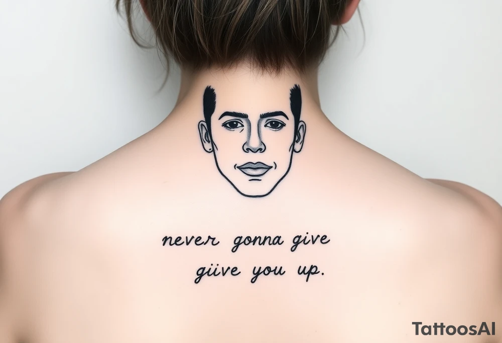 Young Rick Astley Face and Never Gonna Give You Up text tattoo idea