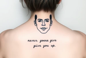 Young Rick Astley Face and Never Gonna Give You Up text tattoo idea