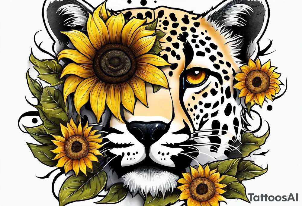 Ripped skin cheetah print with sunflowers tattoo idea