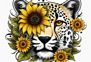 Ripped skin cheetah print with sunflowers tattoo idea