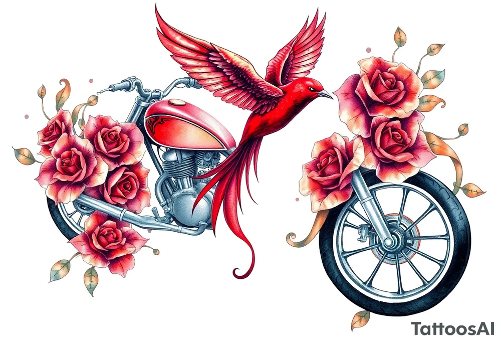 Motorcycle, red bird flying, roses and lace, flames tattoo idea