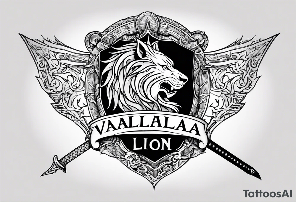 Valhalla sword shield dragon lion tattoo idea