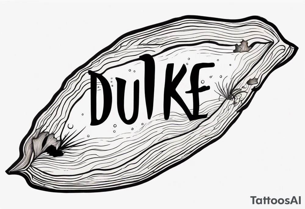 piece of driftwood underwater with the word duke written in the wood tattoo idea