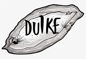 piece of driftwood underwater with the word duke written in the wood tattoo idea