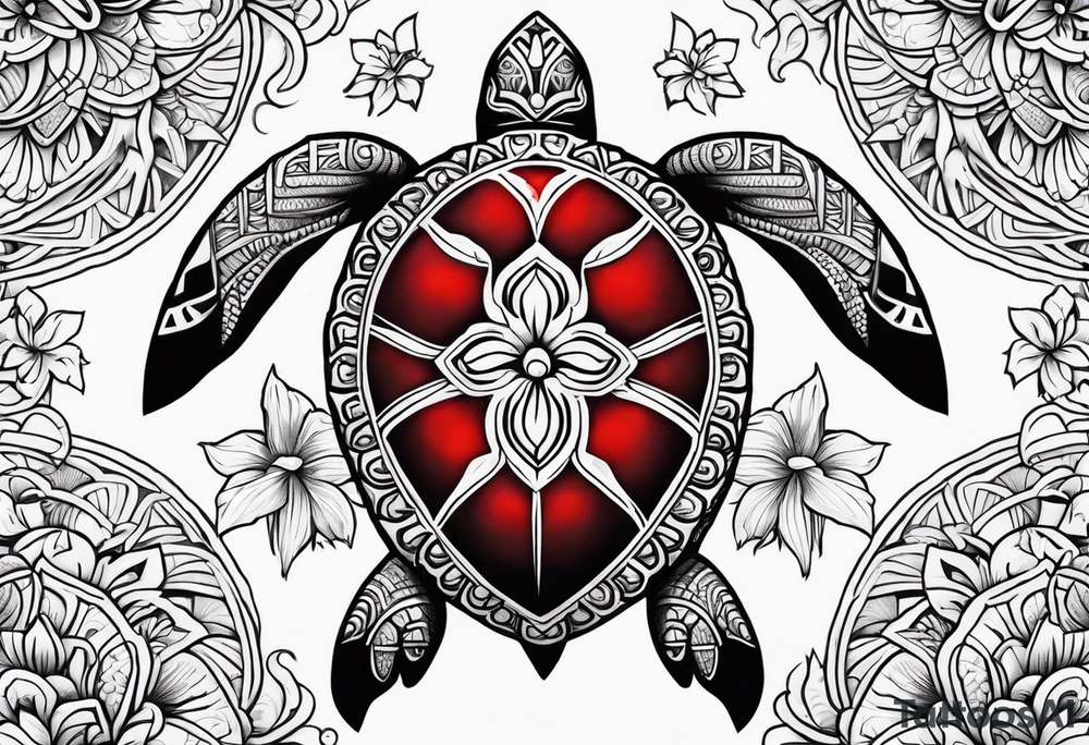 Black Polynesian turtle with red hibiscus flower in the middle of turtles shell tattoo idea