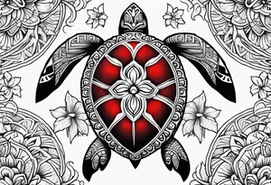 Black Polynesian turtle with red hibiscus flower in the middle of turtles shell tattoo idea