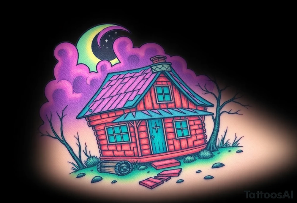 Tim Burton’s haunted pastel wood cabin home is abandoned and dripping with muted reds, dusty pinks, and eerie green glow.purple and cyan smokey clouds swirl in the crescent moonlit sky thats sprinkled with stars tattoo idea tattoo idea
