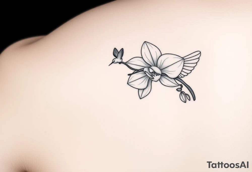 A delicate, black and white fine-line tattoo for make, featuring a gracefully detailed orchid in full bloom (stem and at least 2 flowers), with soft, intricate petals and elegant curves. Beside it, a hummingbird hovers mid-flight, its wings drawn with subtle motion lines, its slender beak reaching toward the orchid’s center to drink its nectar. The design captures a sense of balance and harmony, with the contrast between the stillness of the flower and the gentle energy of the bird. Perfectly suited for the upper arm, this piece combines nature’s beauty and movement in a timeless, minimalist style tattoo idea