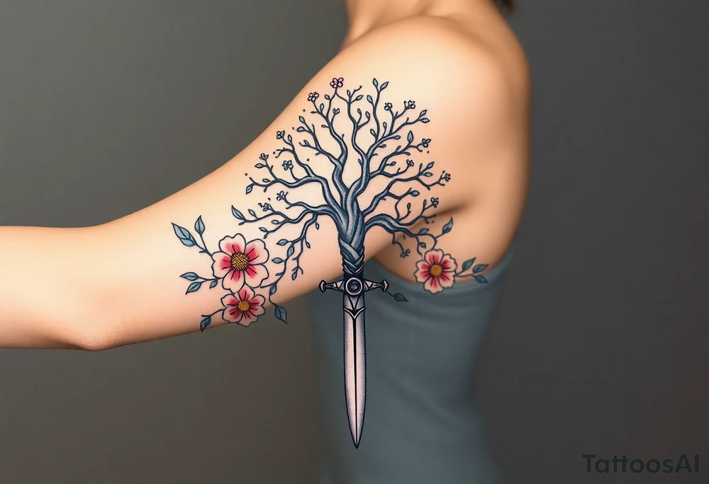 based on the Lord of the rings movies with the tree of Gondor, the Evenstar necklace, the sword Narsil, and flowers tattoo idea