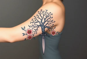 based on the Lord of the rings movies with the tree of Gondor, the Evenstar necklace, the sword Narsil, and flowers tattoo idea