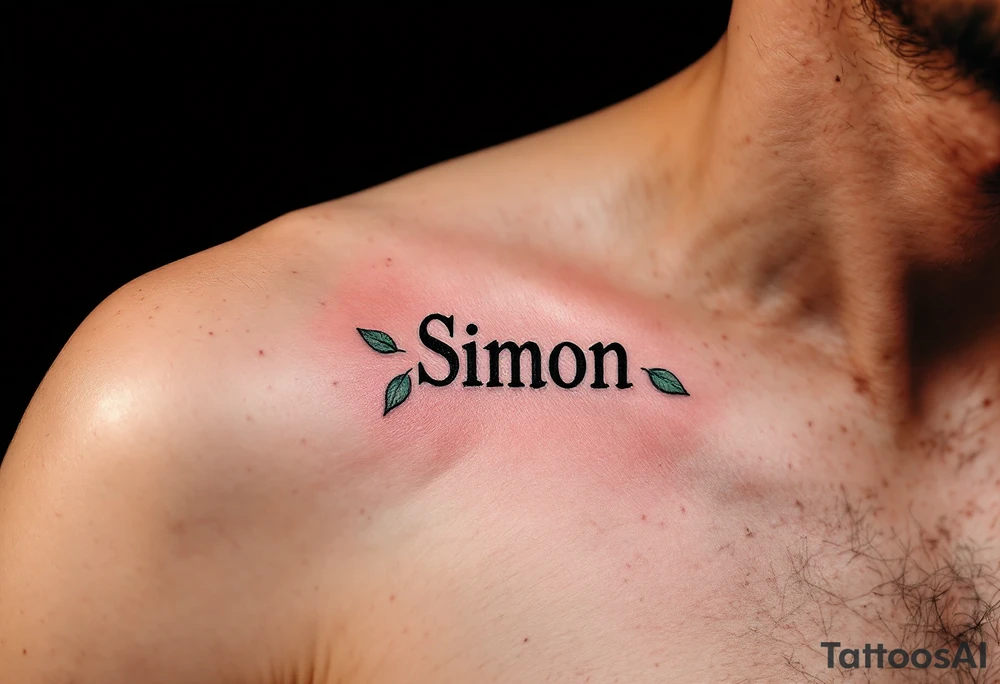 Simon in a bold, classic font, framed by vibrant red apples and green leaves. tattoo idea