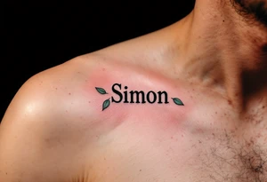 Simon in a bold, classic font, framed by vibrant red apples and green leaves. tattoo idea