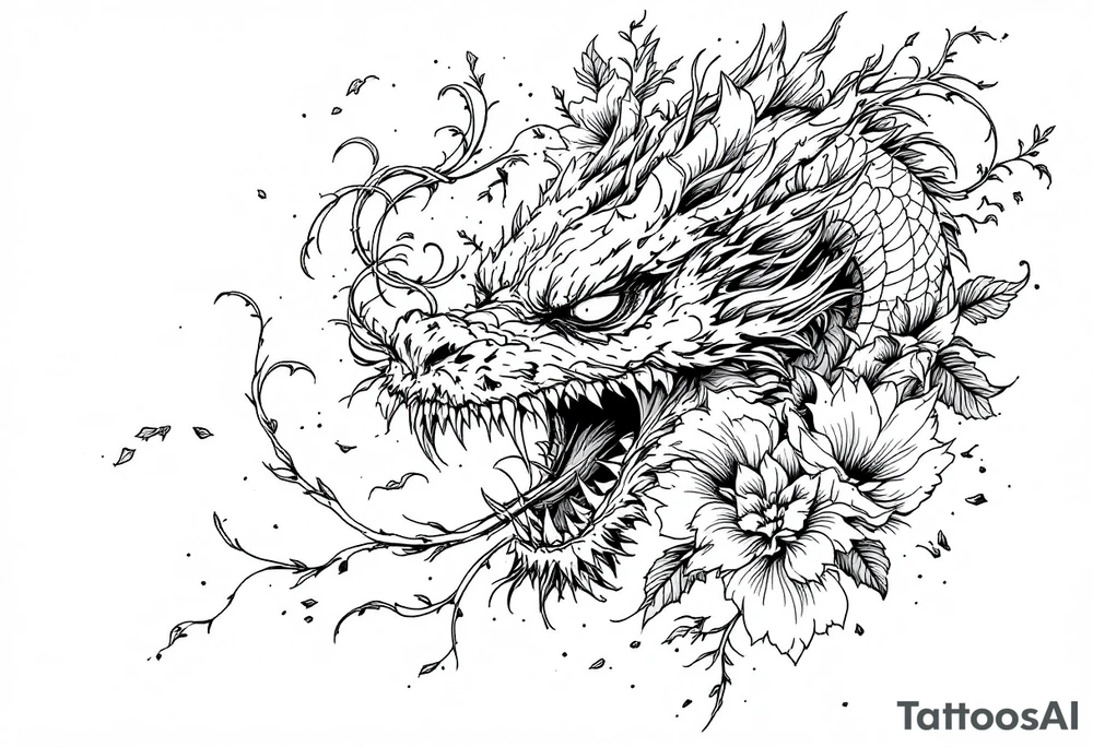scary dragon face down with flowers tattoo idea