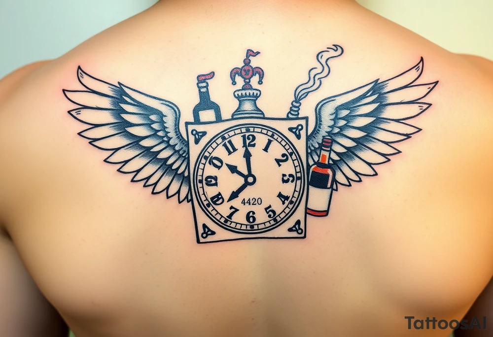 jack in the box tattoo with
the box as a clock with the time 420
two open wings besides the clock
smoke as the spring rising from the clock
a jester clown coming out the smoke
smoking in one hand with a liquor bottle on the other hand tattoo idea