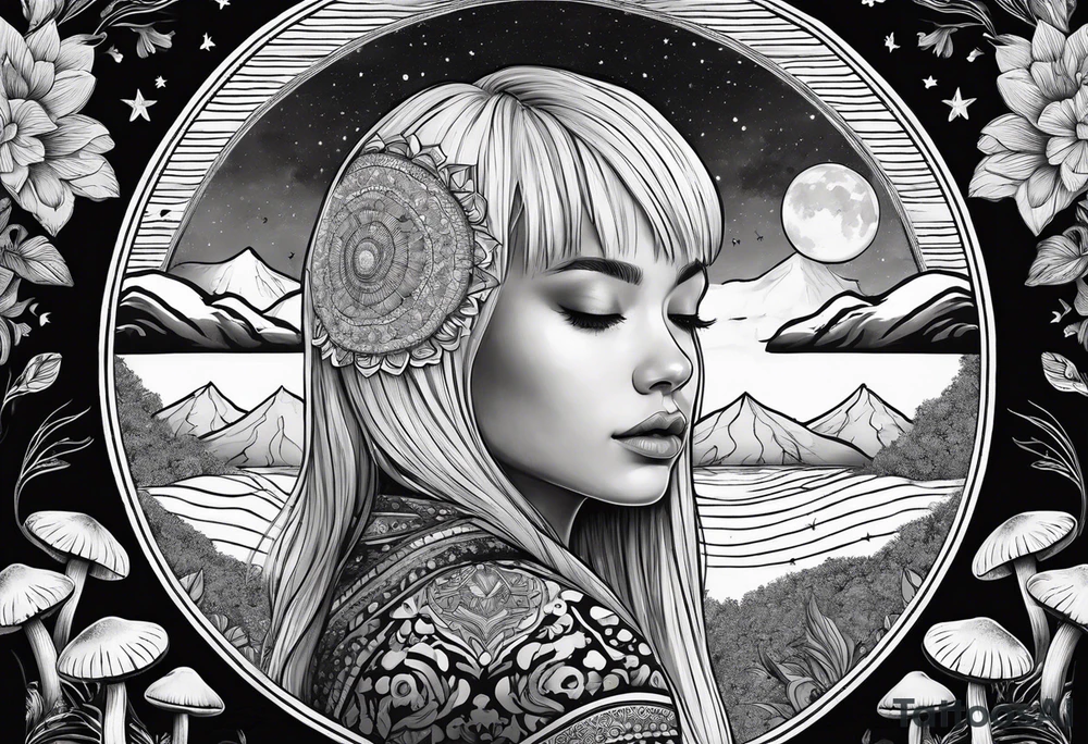 Straight blonde hair girl meditating facing away toward mountains surrounded by mushrooms crescent moon mandala circular design black and white striped dress tattoo idea