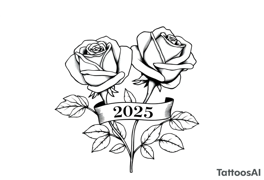 two beautiful large rose buds, one larger than the other, with many leaves next to the rose buds, with one sitting higher than the other. Include a banner connecting the two roses with the year 2025 on it.   Use dark outlines with little shading. The two stems should be short, not long, and connect and join into one stem, whimsically curved or twisted - not straight down. tattoo idea